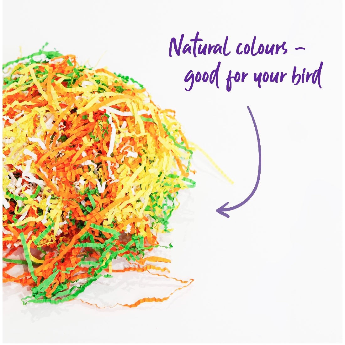 Colorful shredded paper bird toy with "good for your bird" text.