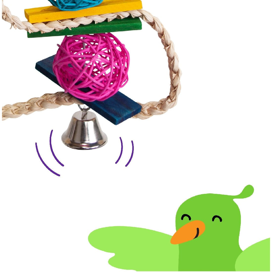Colorful bird toy with ropes, wooden blocks, bell, and cartoon bird.