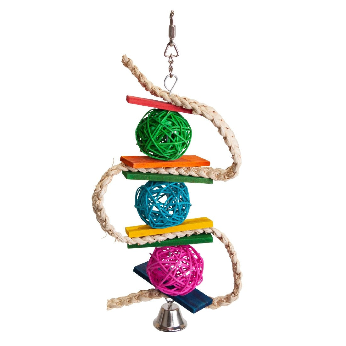 Colorful hanging bird toy with ropes, wooden pieces, and rattan balls.