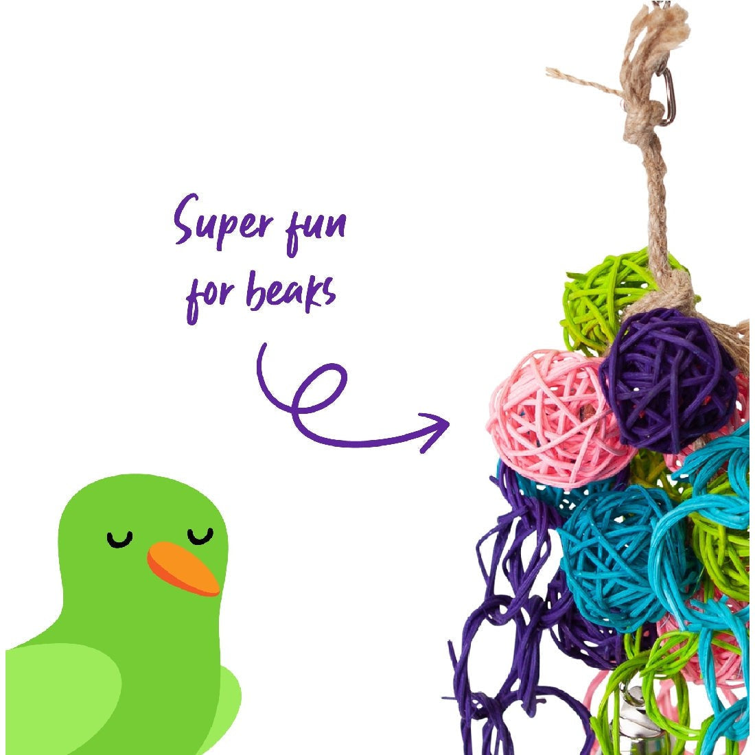 Alt: Cartoon green bird toy with colorful wicker balls and text.