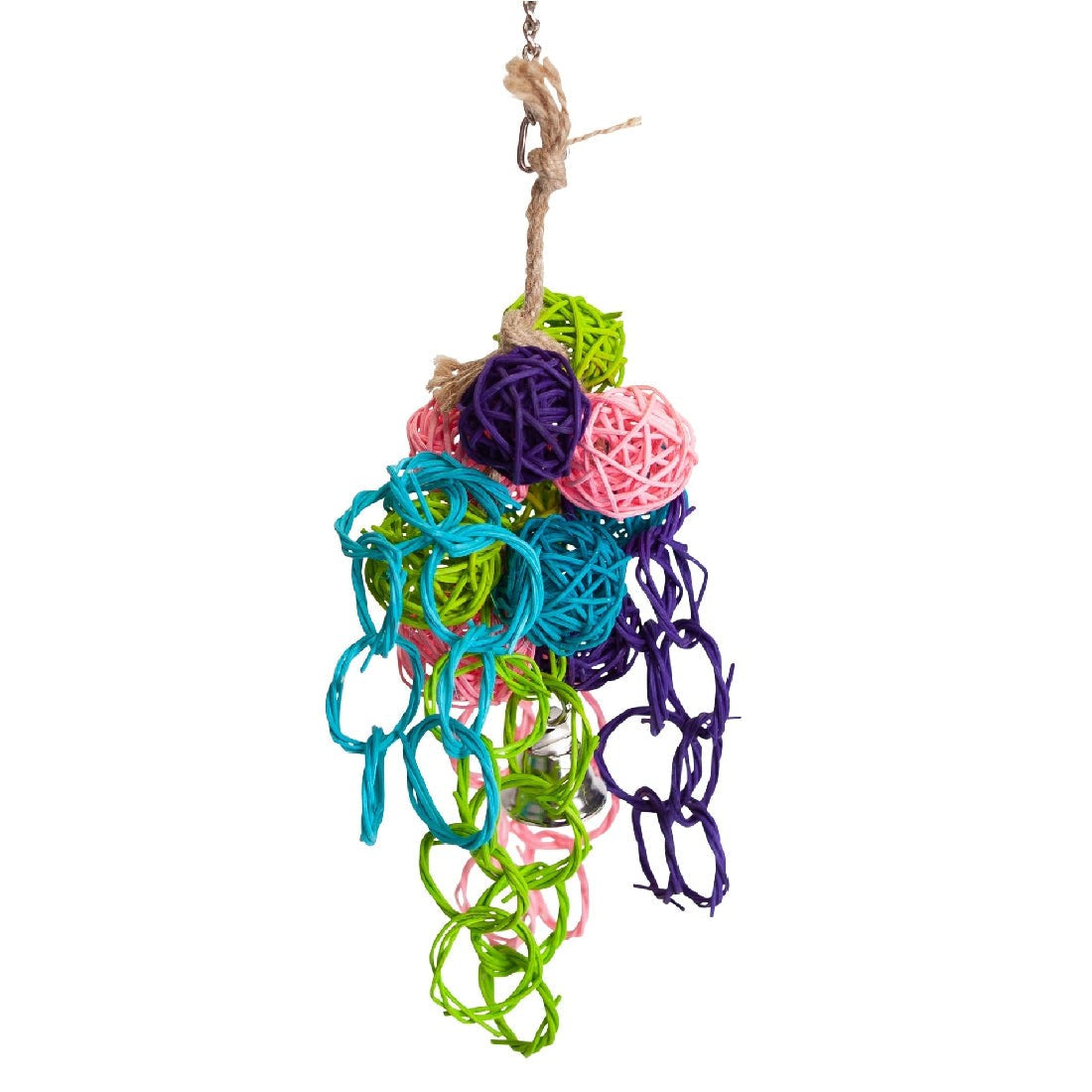 Colorful hanging wicker balls, bird toy with knotted rope.