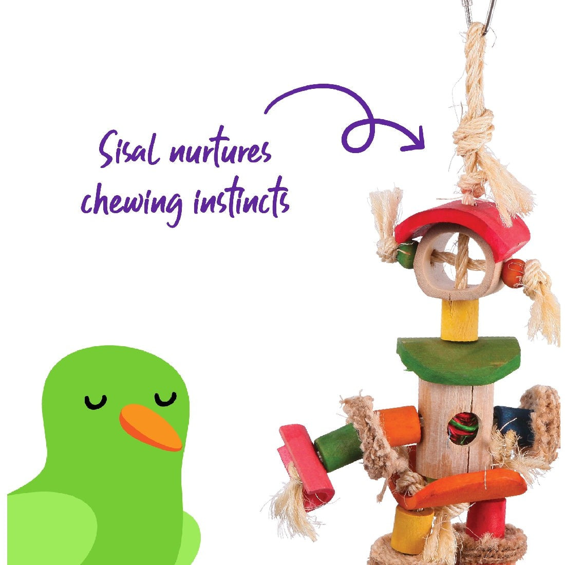 Colorful hanging sisal bird toy with wooden blocks and knots.