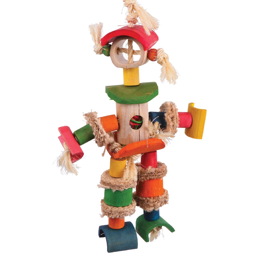 Colorful wooden bird toy with ropes, beads, and blocks isolated.