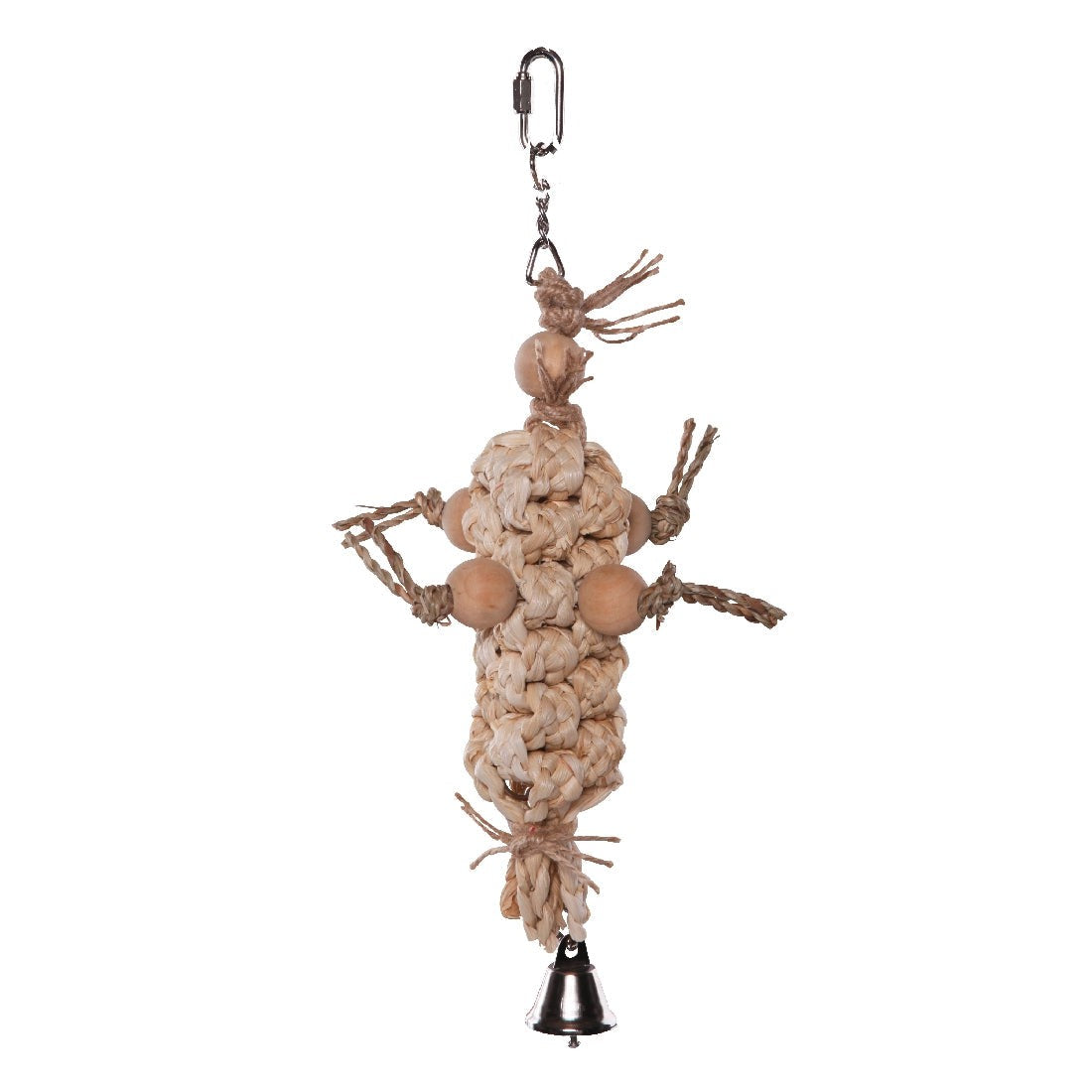Natural woven bird toy with knotted ropes and wooden beads.
