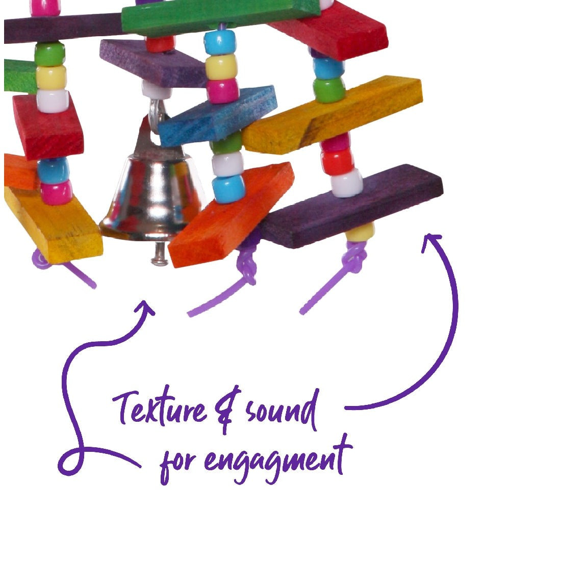 Colorful bird toy with blocks, beads, and bell, text "Texture & sound for engagement."