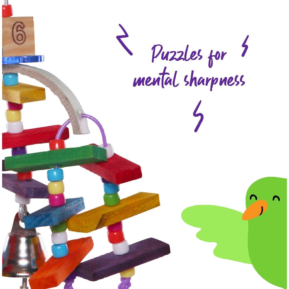 Colorful bird toy with blocks and bell, text "Puzzles for mental sharpness."