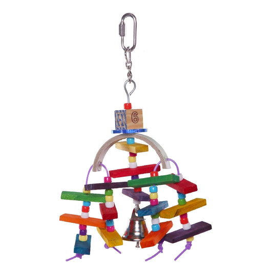 Colorful wooden bird toy with beads, blocks, and a bell.