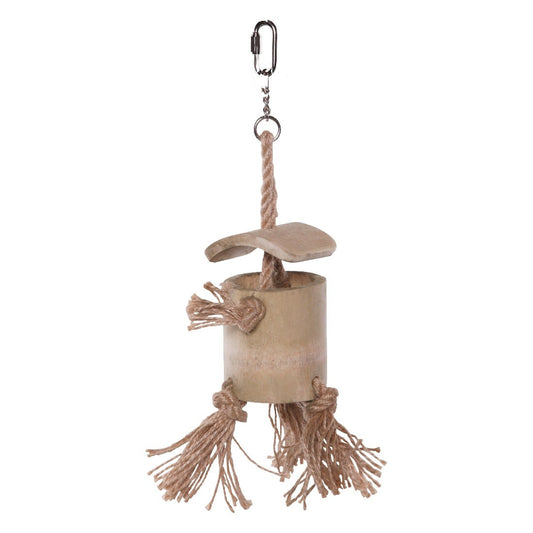 Natural wooden bird toy with ropes and clip for hanging.