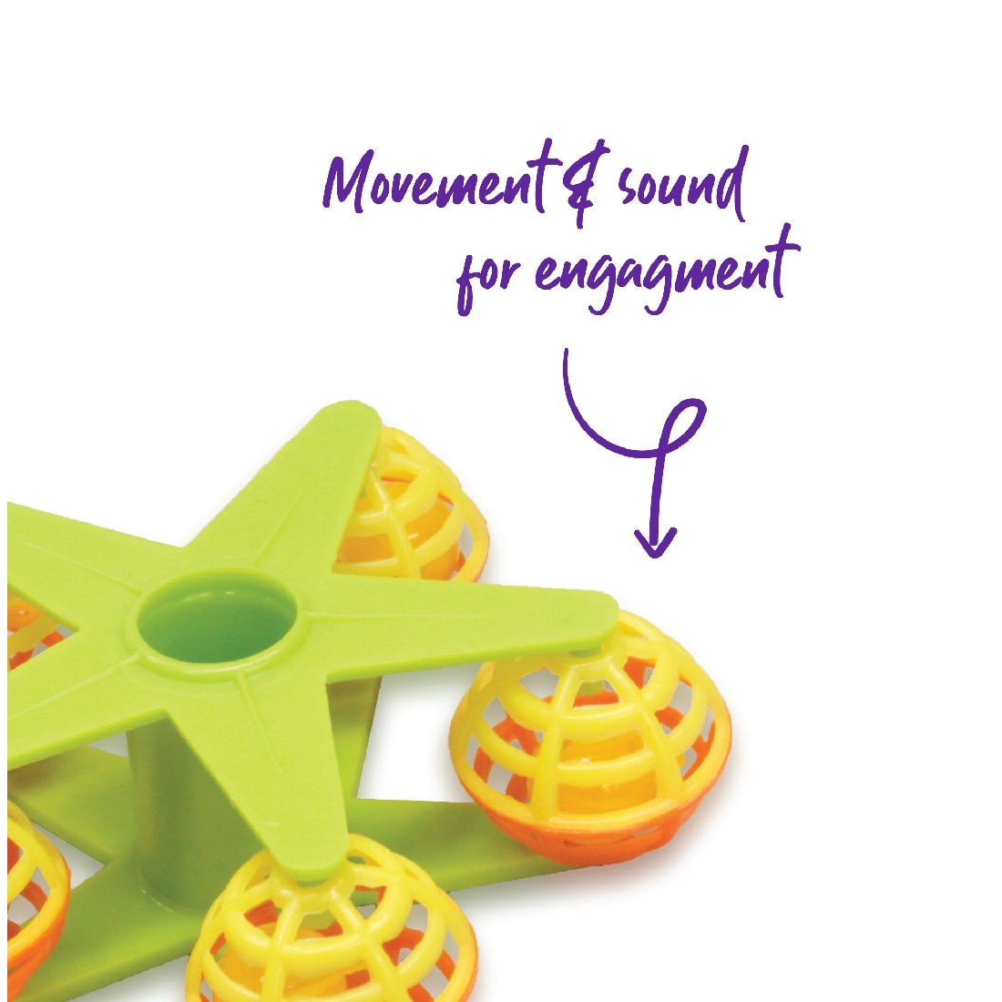 Green and yellow bird toy with text "Movement & sound for engagement."