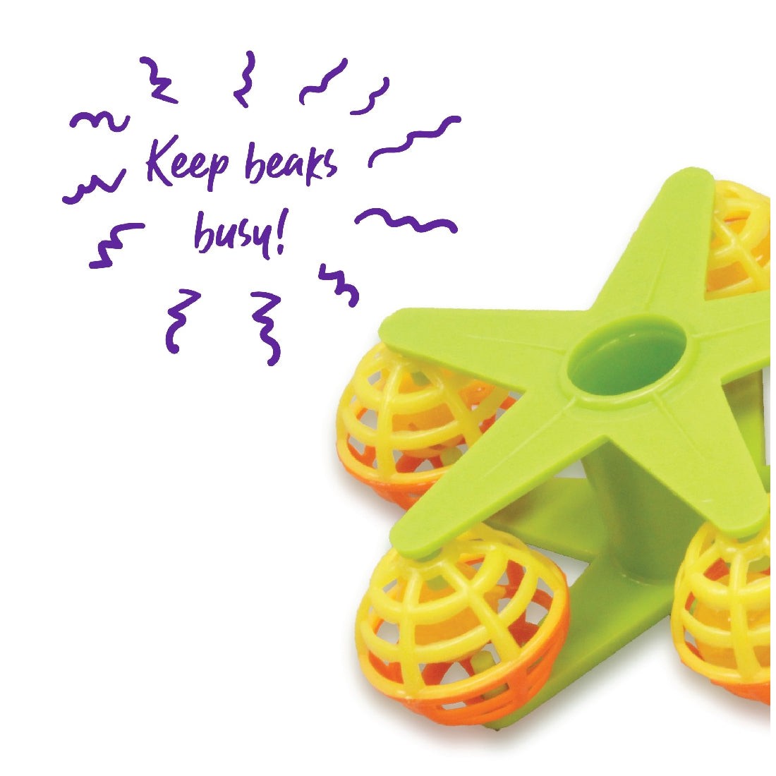 Alt text: Colorful star-shaped bird toy with text "Keep beaks busy!"