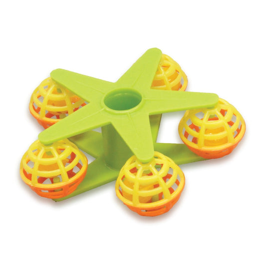A green and yellow plastic star-shaped bird toy with balls.