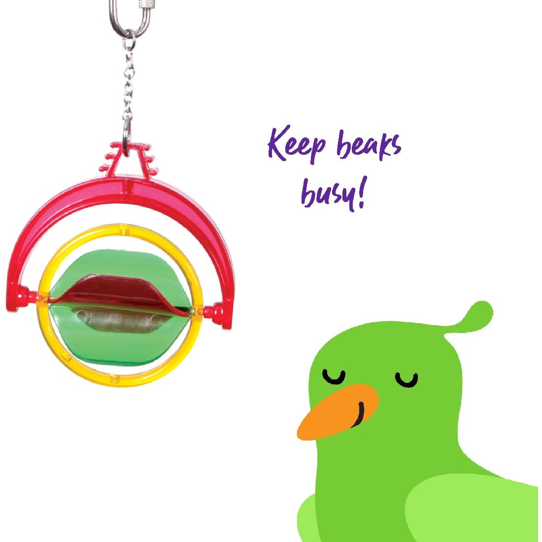 Colorful hanging bird toy with rings and a bell, white background.