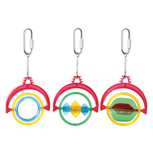 Three colorful hanging round bird toys with different center shapes.