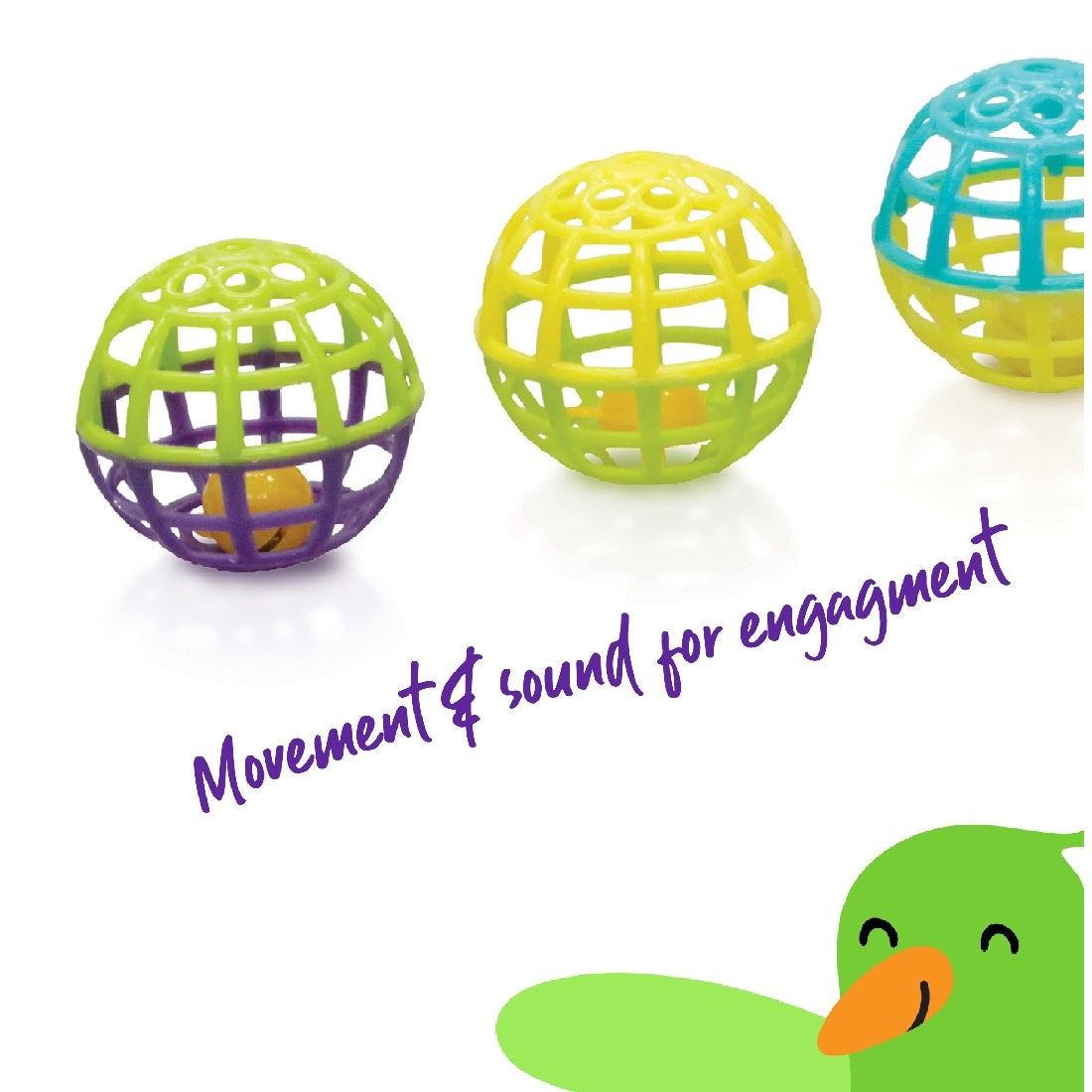 Three colorful plastic hollow bird toys with a bell inside.