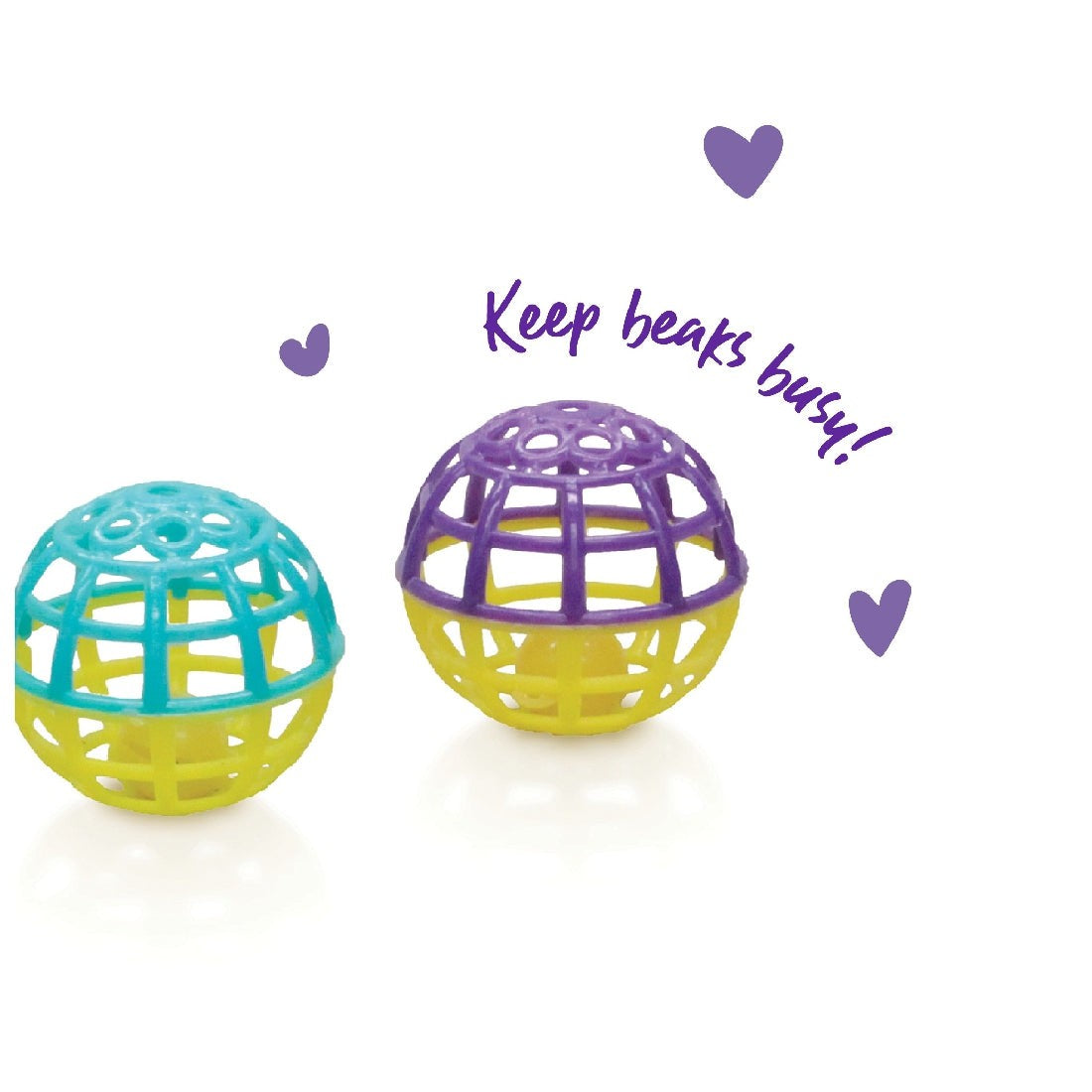 Two colorful bird toys with text "Keep beaks busy!" and hearts.