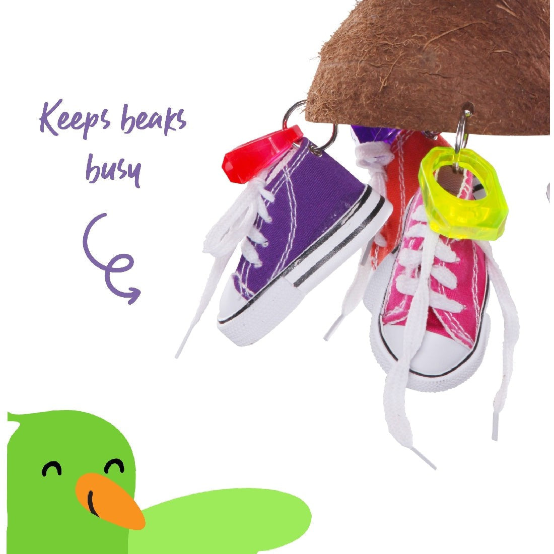 Alt text: Bird toy with colorful sneaker shapes hanging from coconut shell.