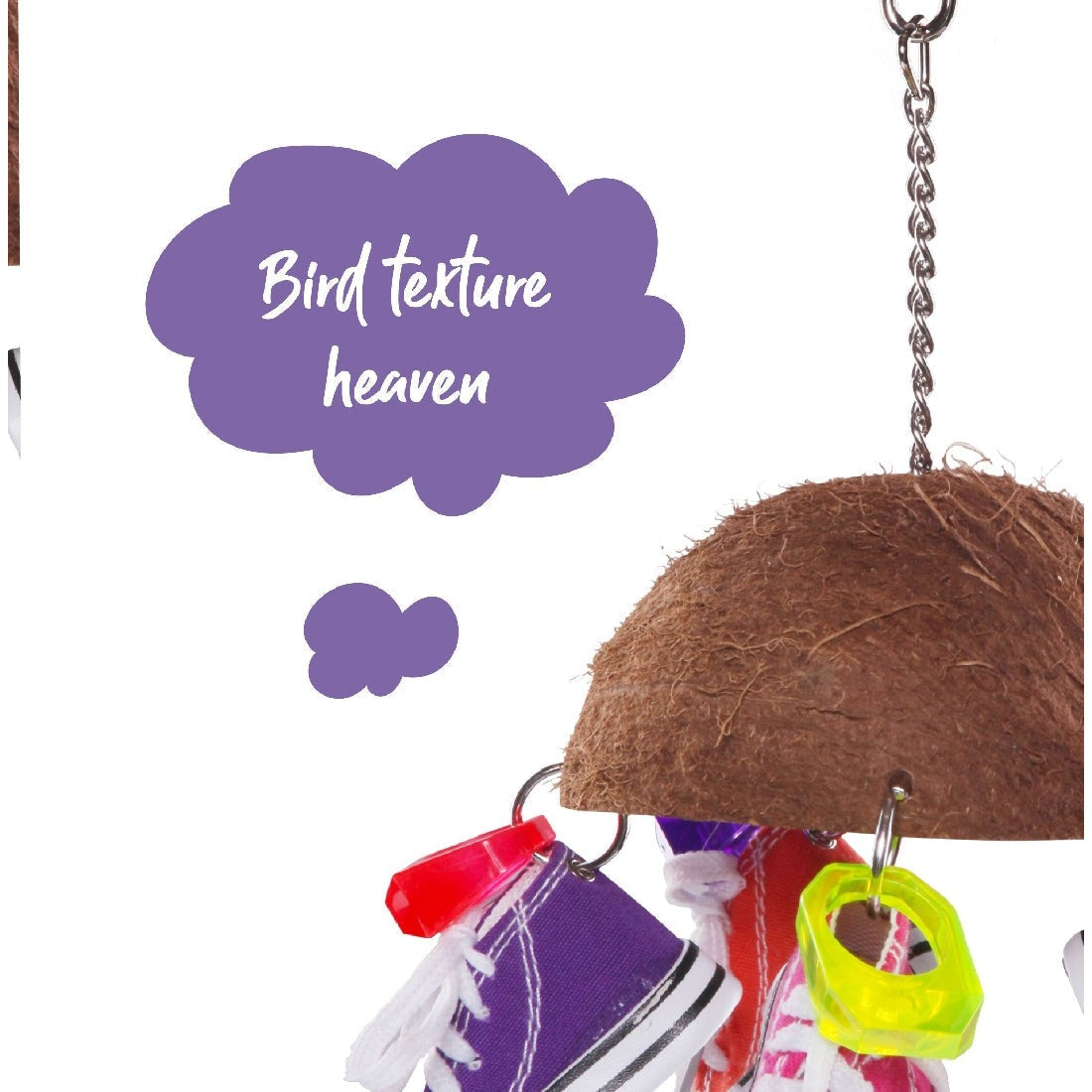 Colorful bird toy featuring a coconut shell, sneakers, and bells.