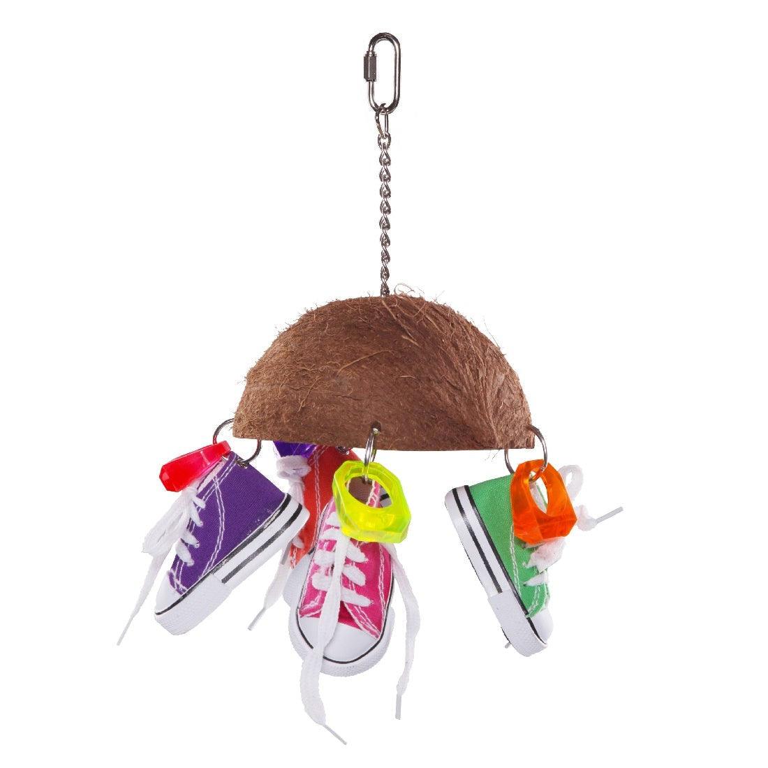 Colorful hanging coconut bird toy with miniature sneakers and beads.