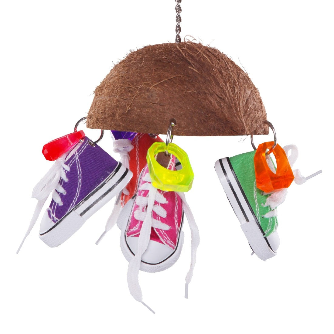 Colorful mini sneaker bird toy with coconut shell roof hanging.