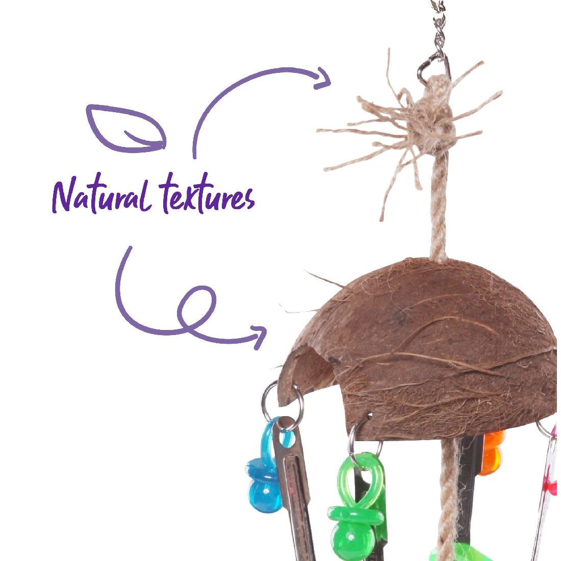 Alt text: Bird toy with coconut shell and colorful beads, labeled "Natural textures."