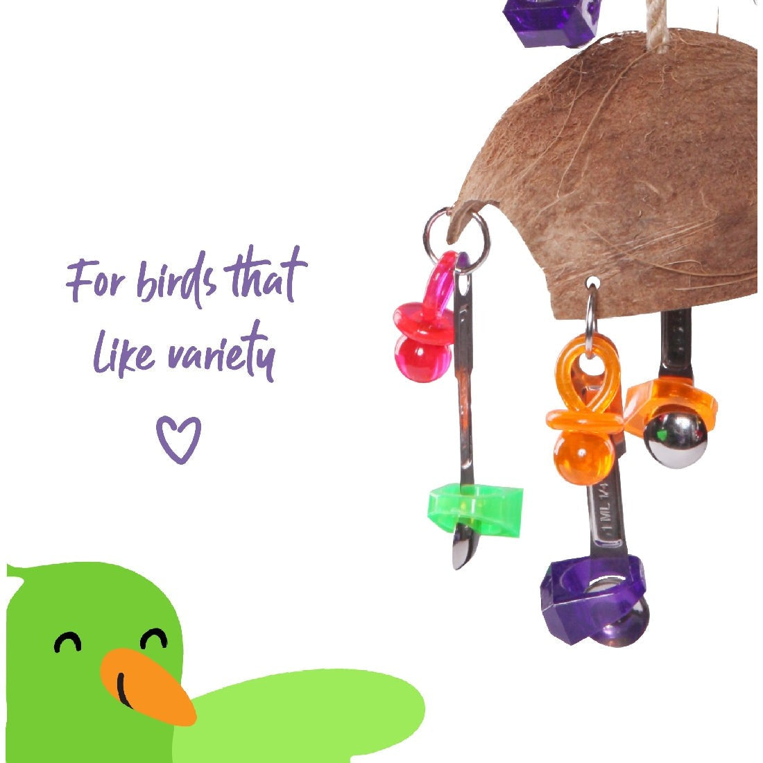 Colorful bird toy with various beads and a coconut shell.
