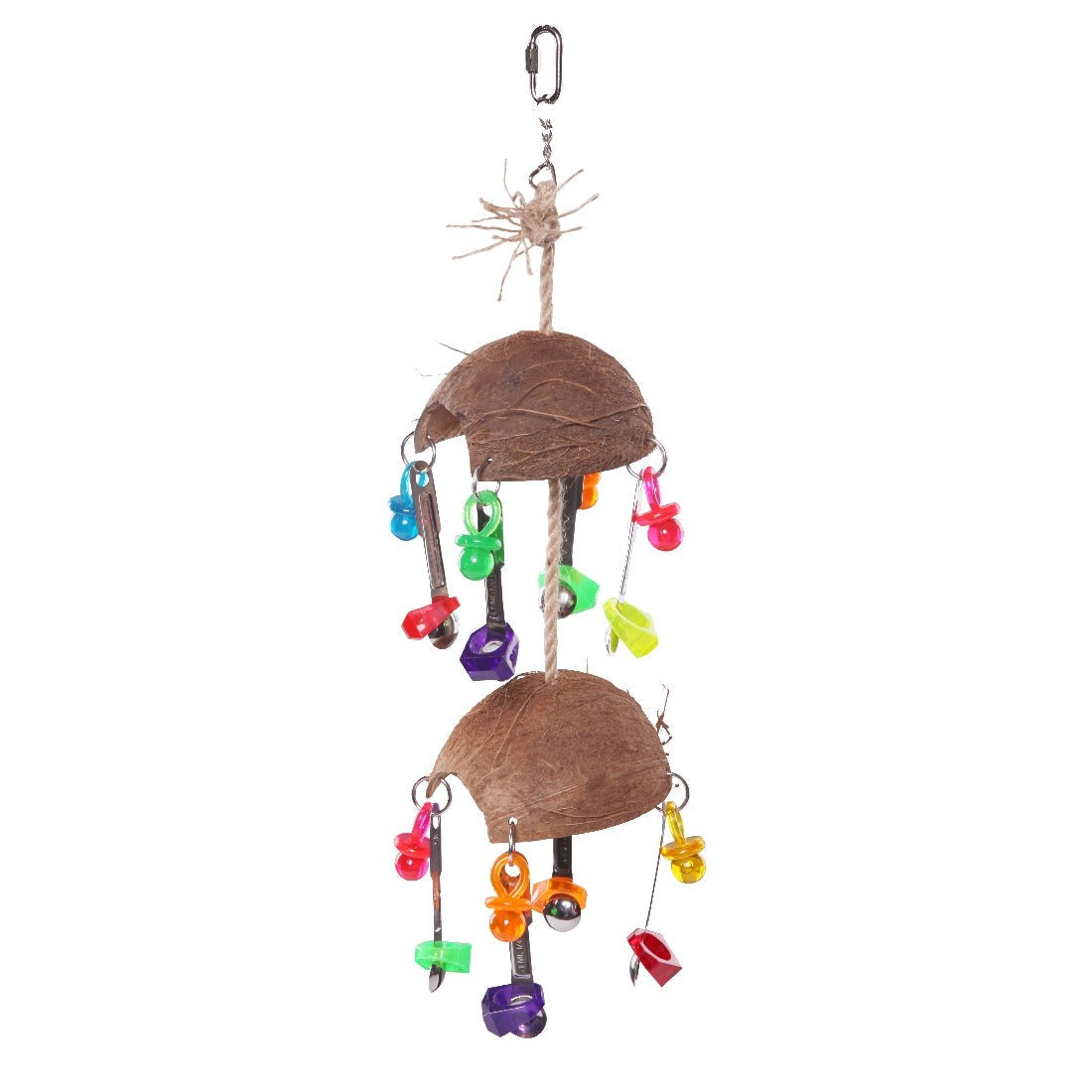 Colorful hanging coconut shells bird toy with beads and bells.