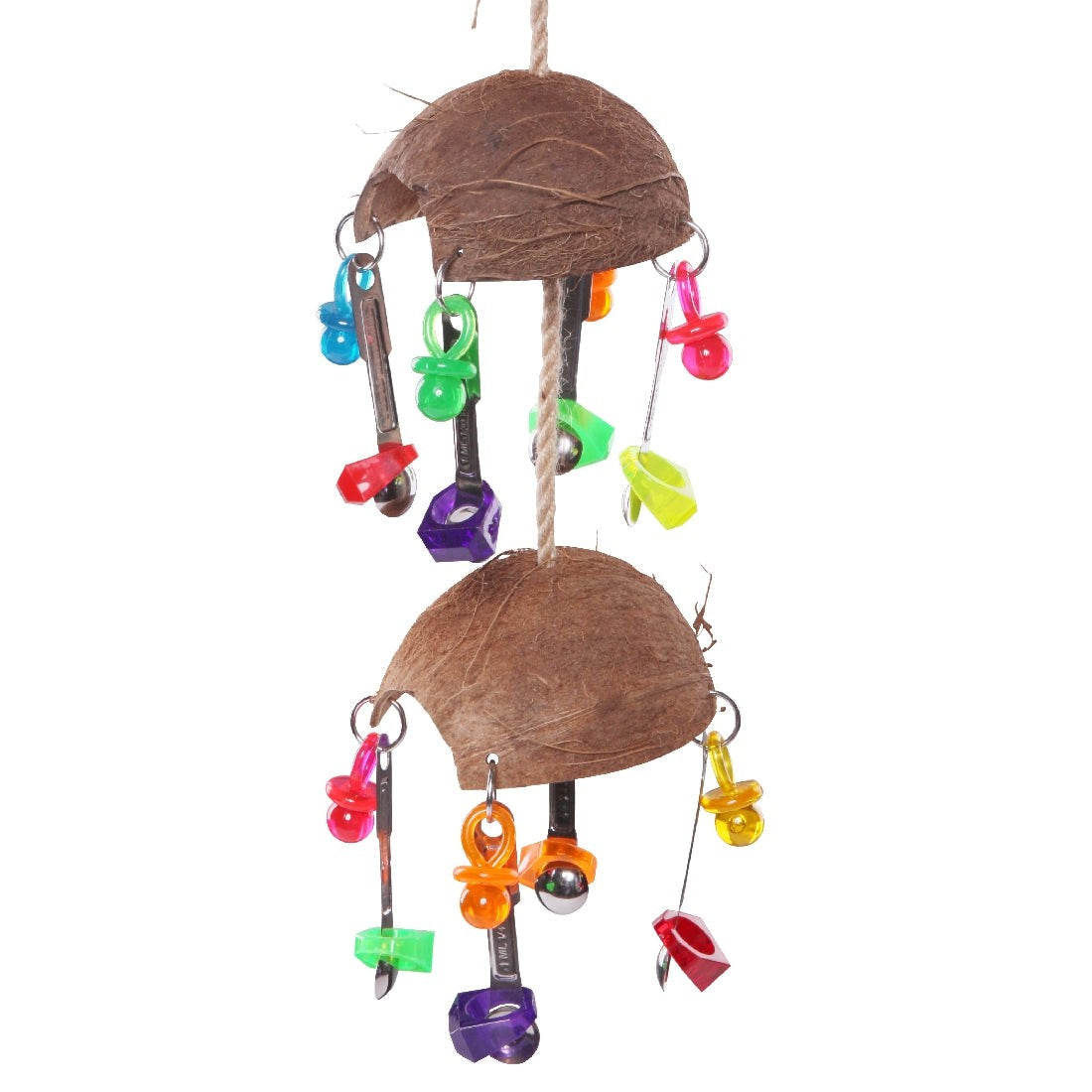 Alt: Colorful bird toy with coconut shells and hanging plastic beads.