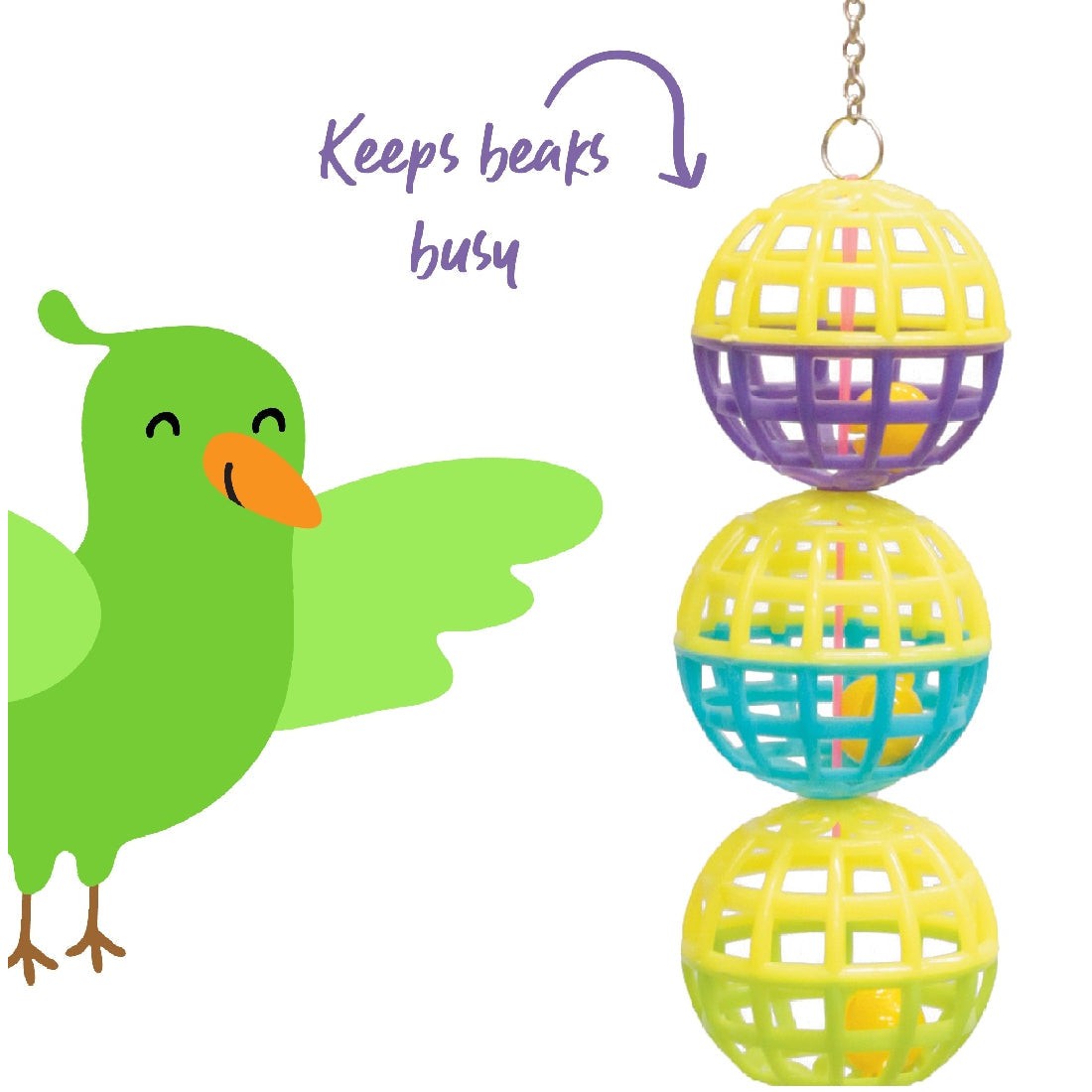 Alt: Green cartoon bird beside hanging yellow and purple bird toy.