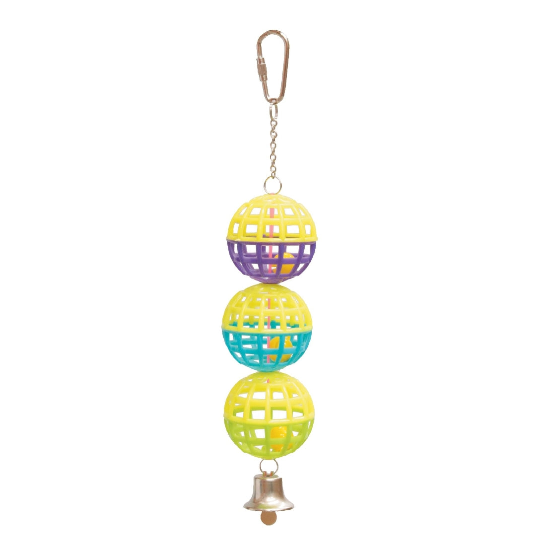 Three colorful plastic spheres with bell bird toy on white background.