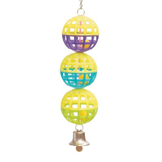 Three colorful plastic bird toy balls with bell on white background.