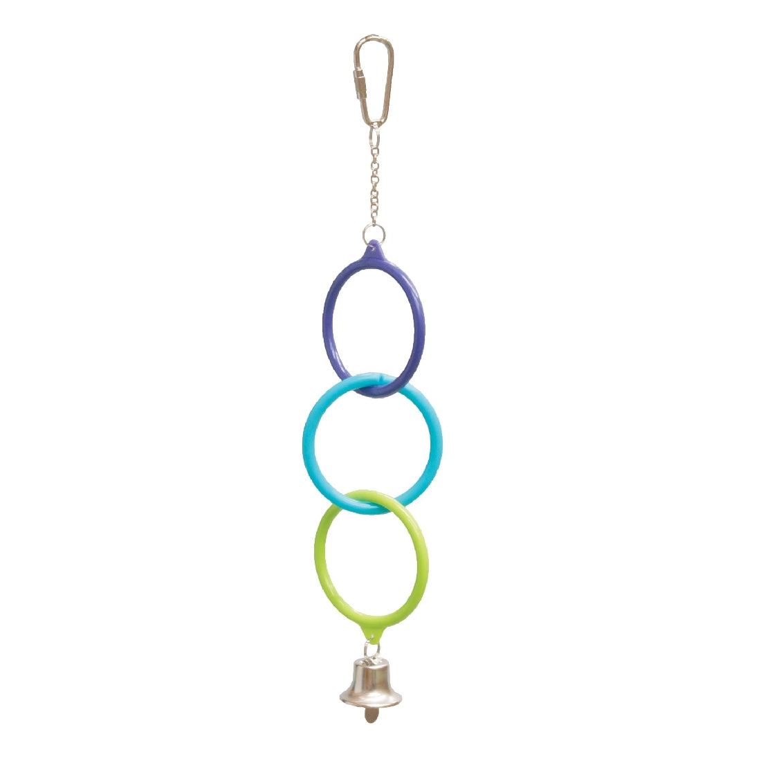 Alt: Colorful interlocking rings bird toy with bell on white background.