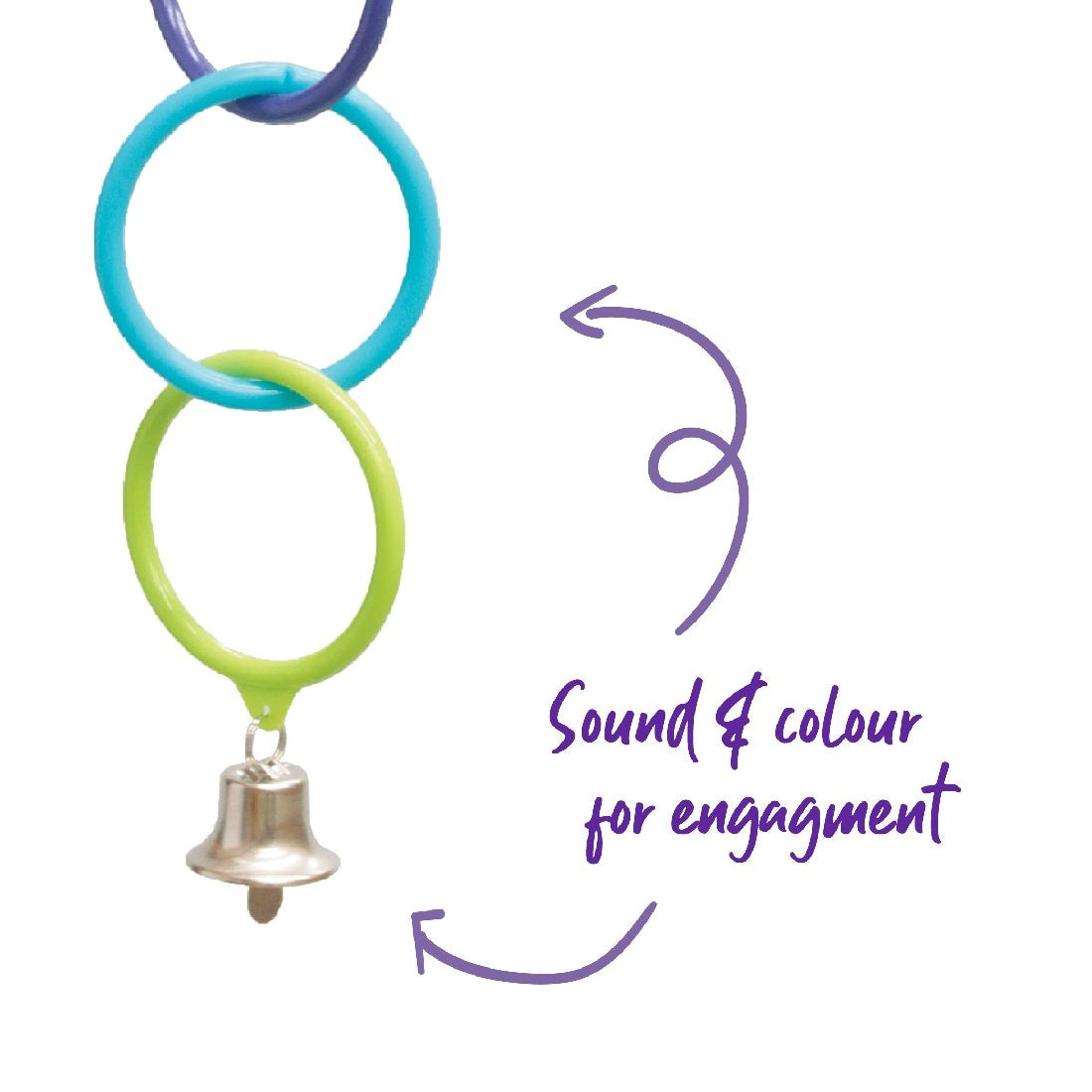 Multicolored plastic rings with bell, bird toy, sound and color engagement.