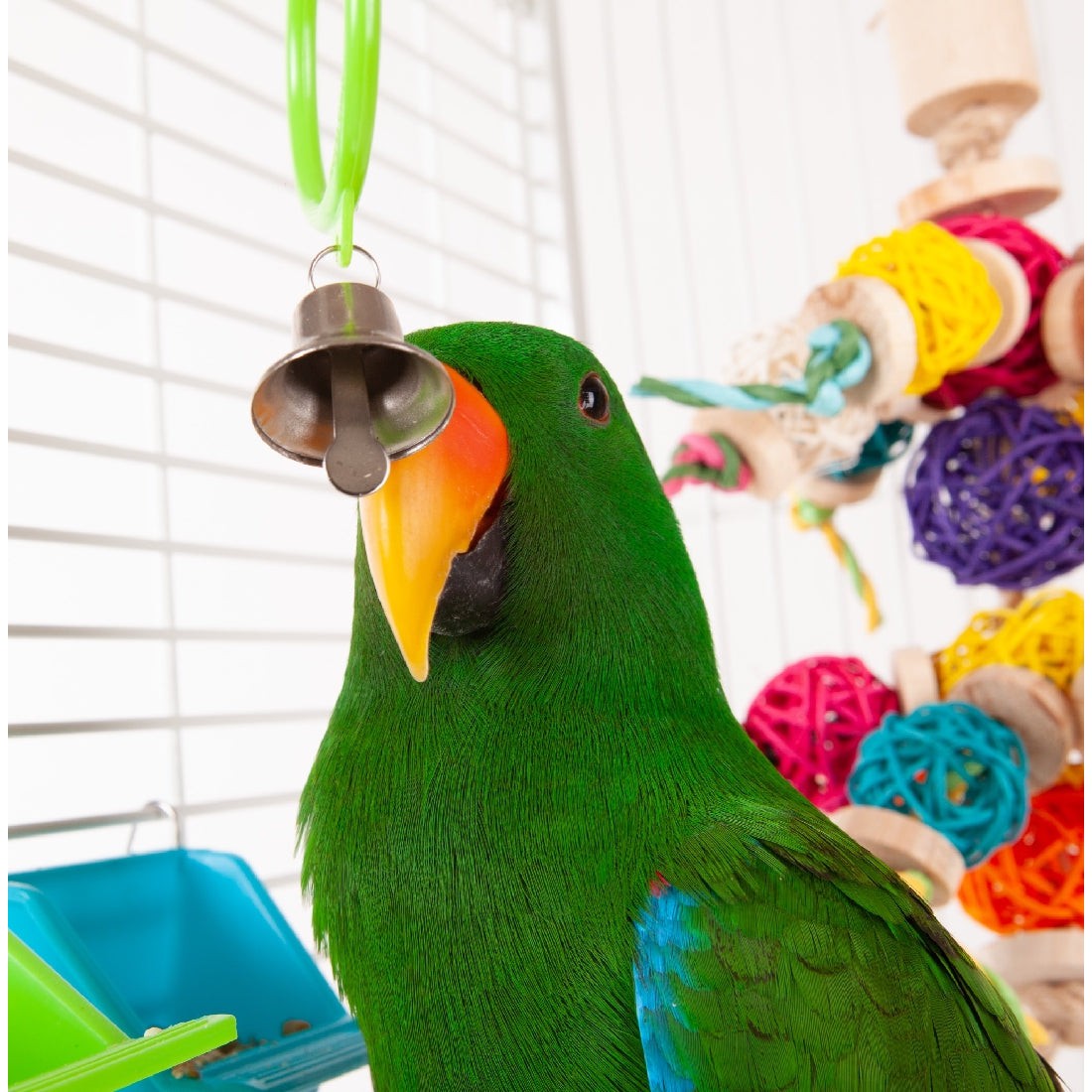 Bright green parrot interacting with bell-type bird toy indoors.