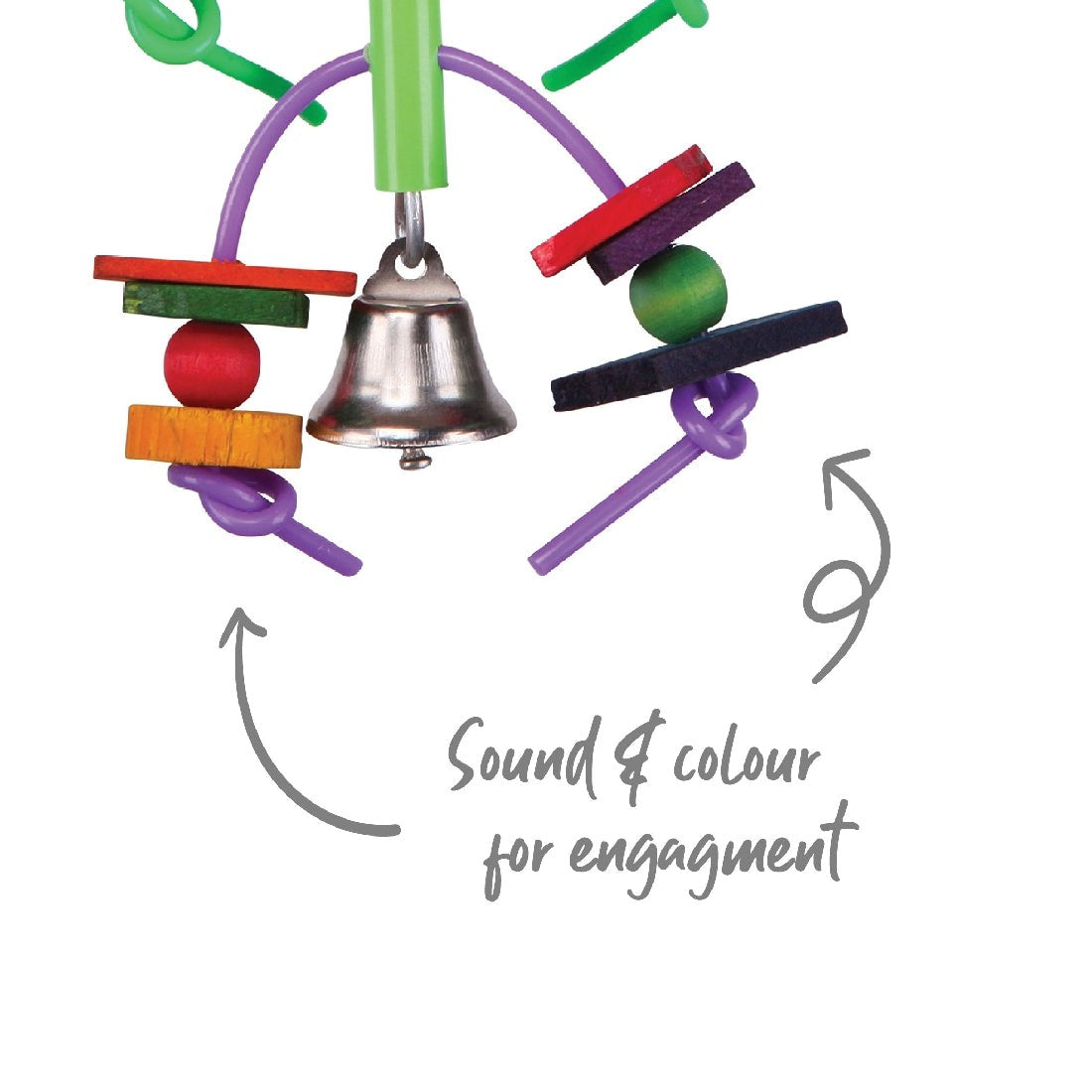 Colorful bird toy with bell and beads, designed for sensory engagement.
