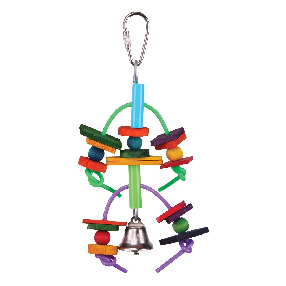 Colorful bird toy with beads, blocks, and bell on white background.