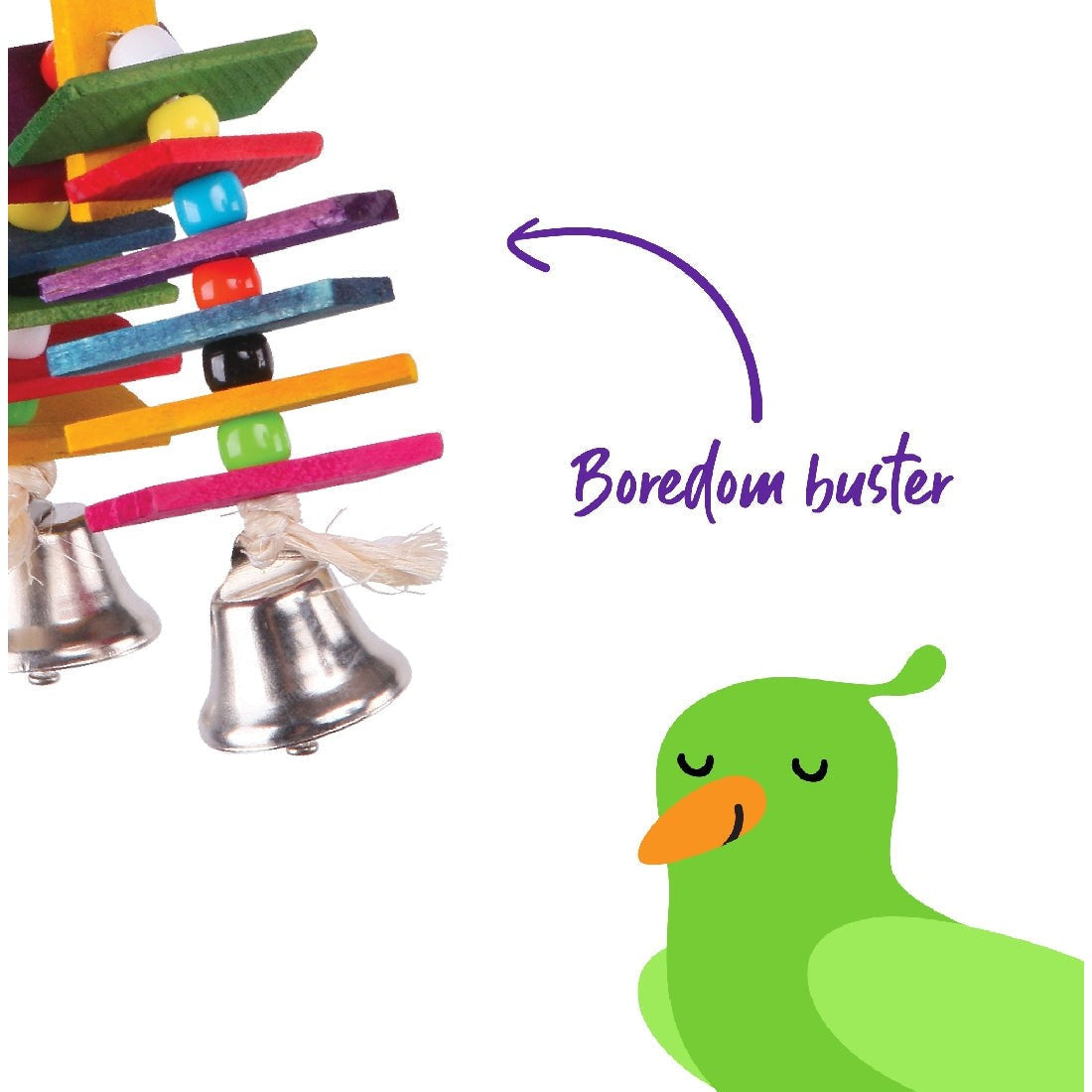 Colorful bird toy with wooden sticks, beads, and silver bells.