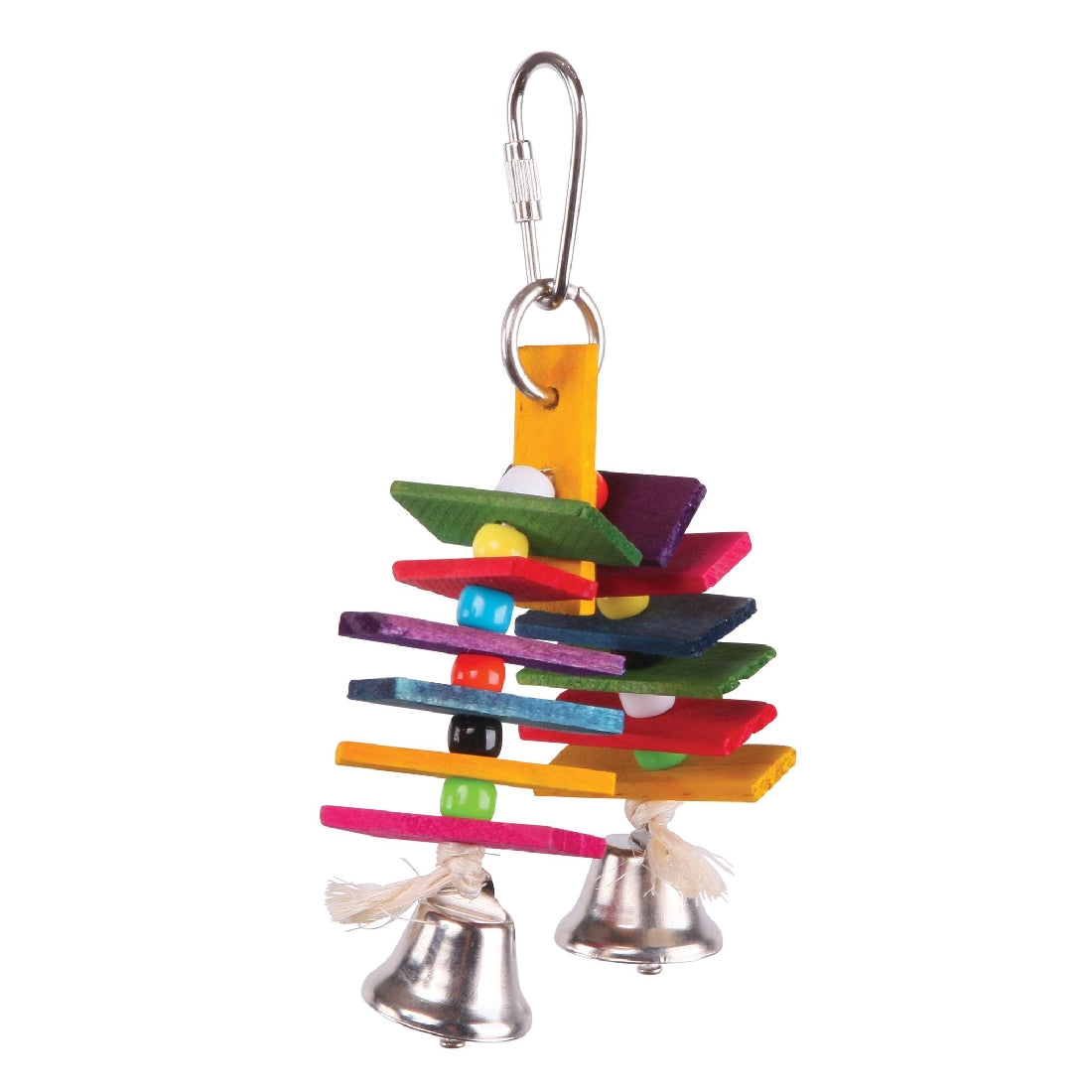 Multicolored wooden bird toy with bells on white background.