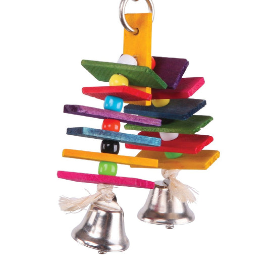 Colorful wooden bird toy with beads and bells on white background.