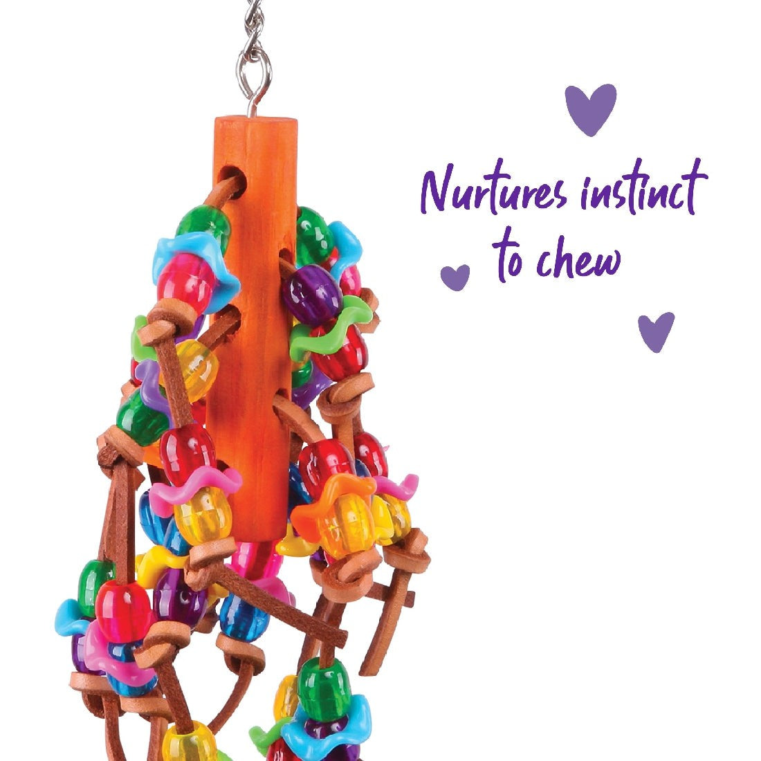 Colorful bird toy with beads and leather, hanging by a chain.