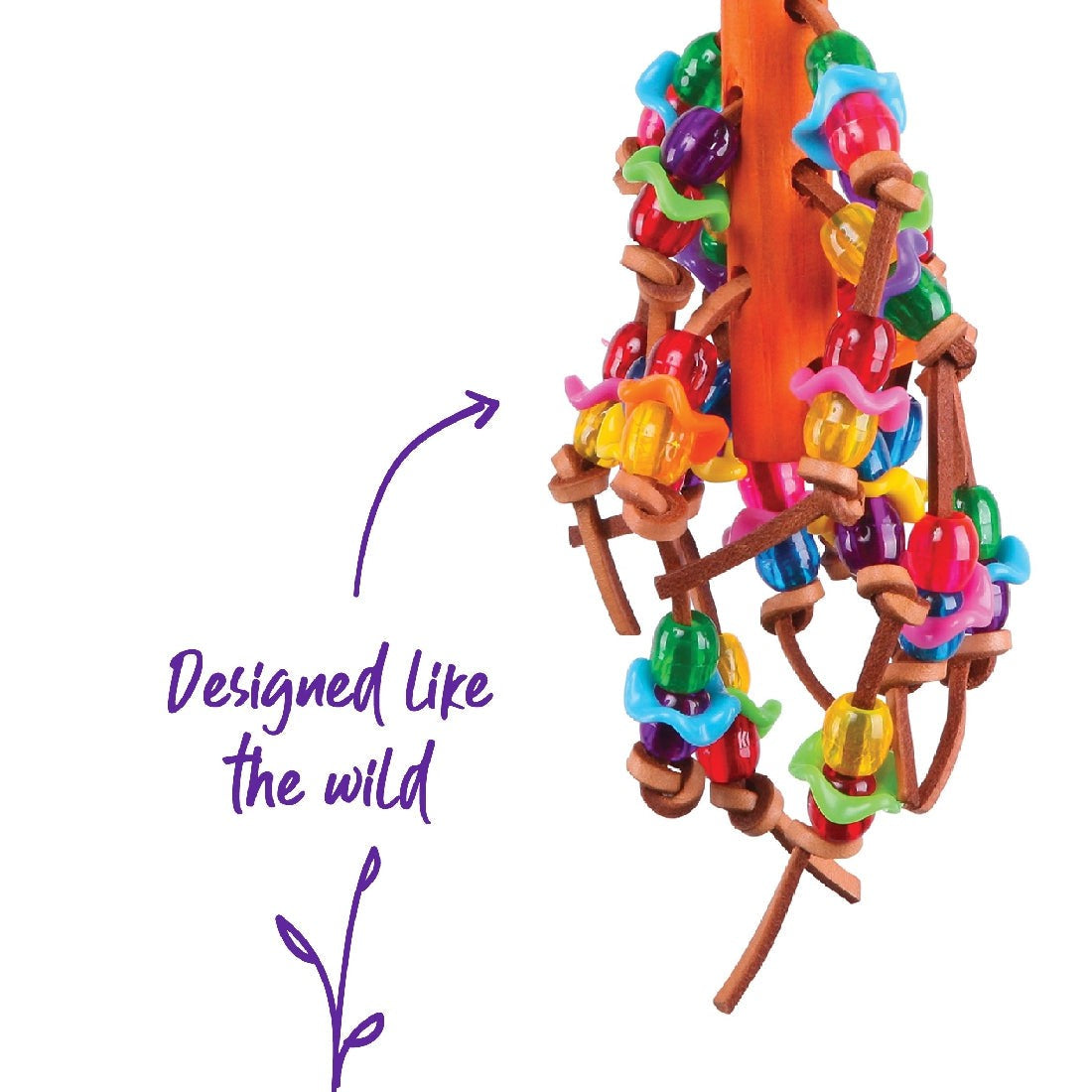 Colorful bird toy with plastic beads and brown ropes, "Designed Like the wild".