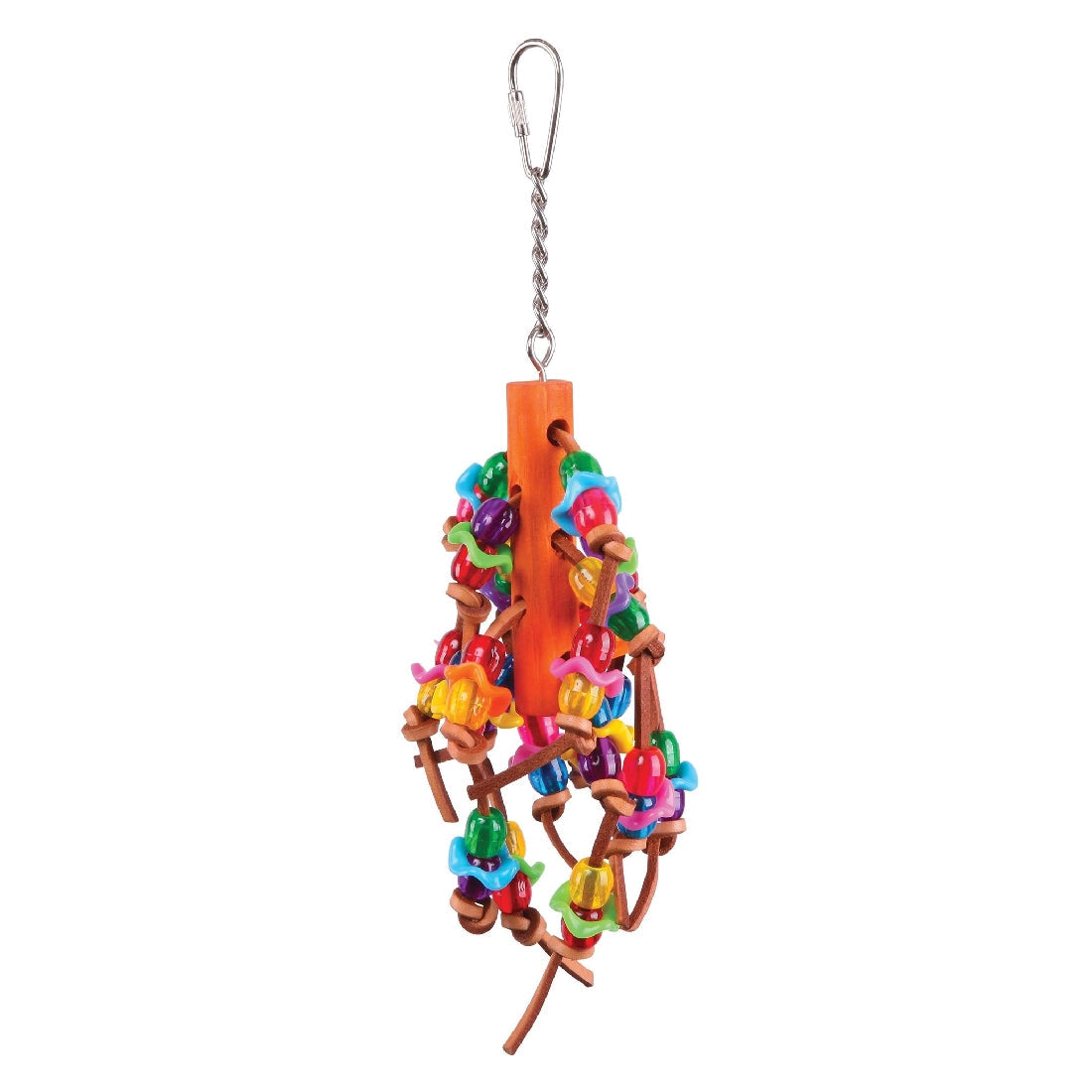 Colorful hanging bird toy with wooden beads and leather strips.