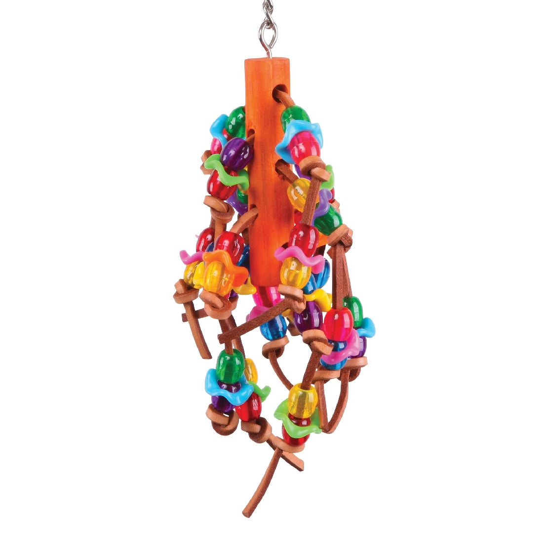 Colorful hanging bird toy with beads and wooden blocks.