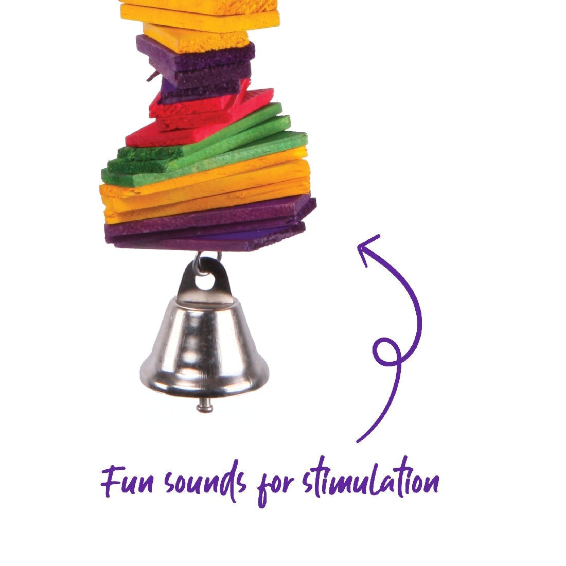 Colorful stacked bird toy with bell for auditory stimulation.