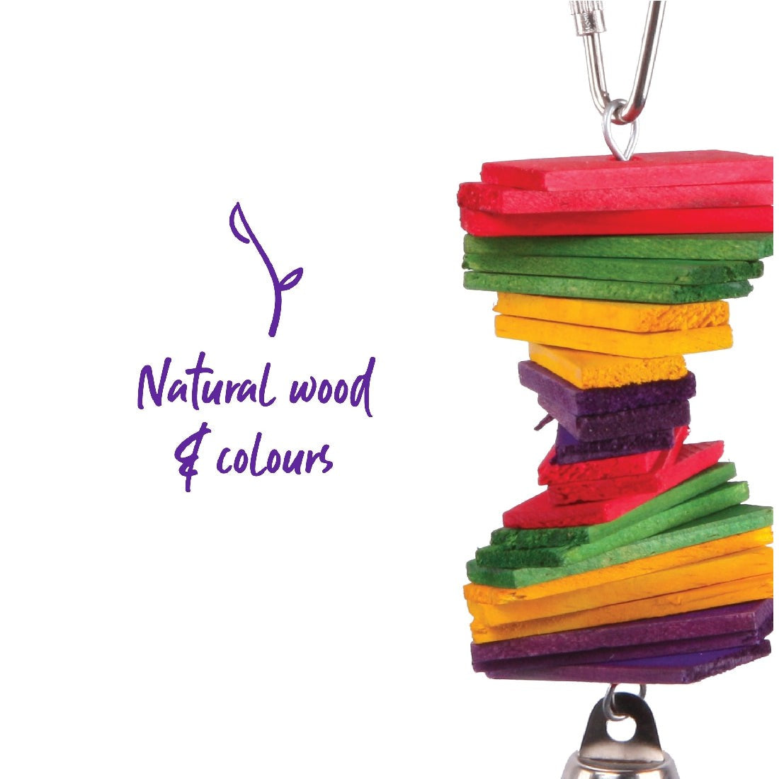 Colorful stacked natural wood slices bird toy with metal chain.