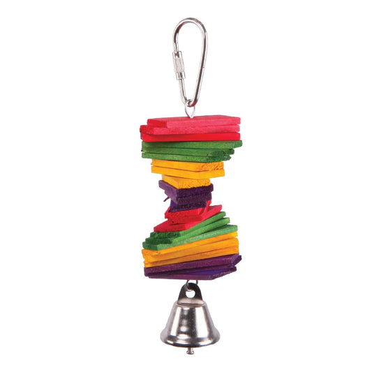 Colorful stacked wooden blocks bird toy with bell and clasp.
