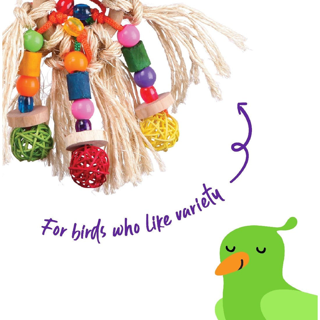 Colorful bird toy with beads, ropes, and wicker balls.