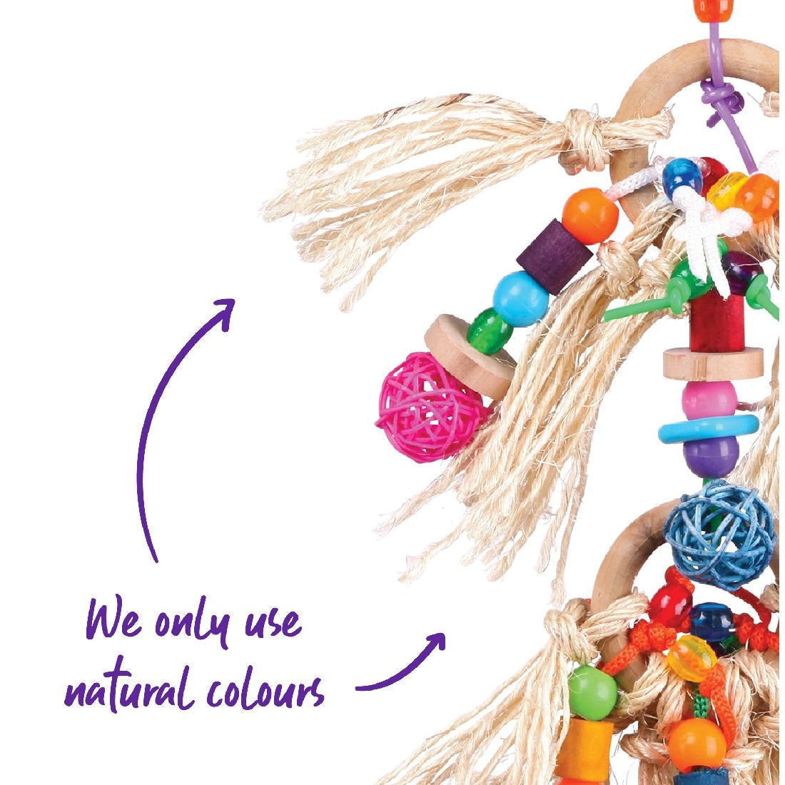 Colorful bird toy with natural fibers and wooden beads.