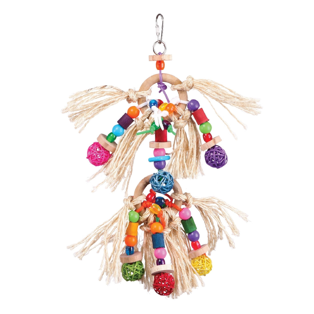 Colorful hanging bird toy with beads, ropes, and rattan balls.
