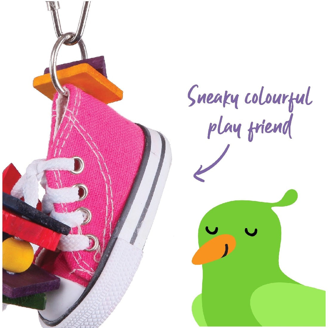 A pink sneaker keychain with a green cartoon bird toy.