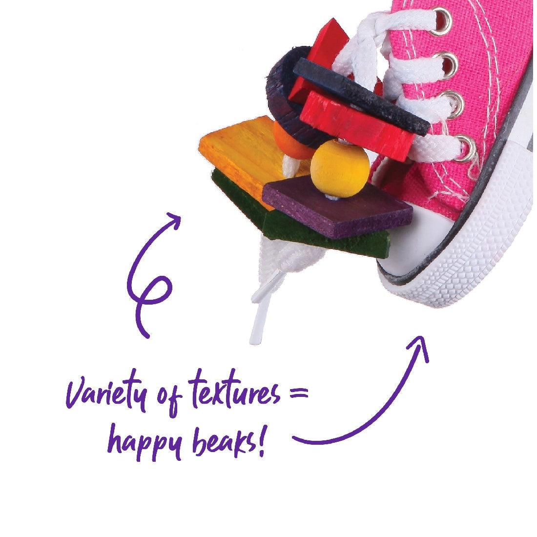Colorful bird toy attached to a small pink sneaker with laces.